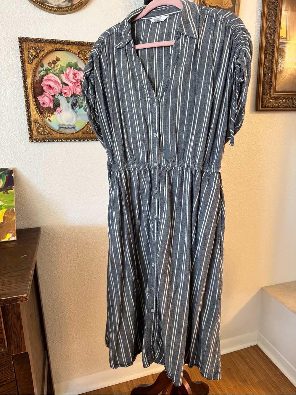 Time and Tru Gray and White Striped Button-Front Midi Dress